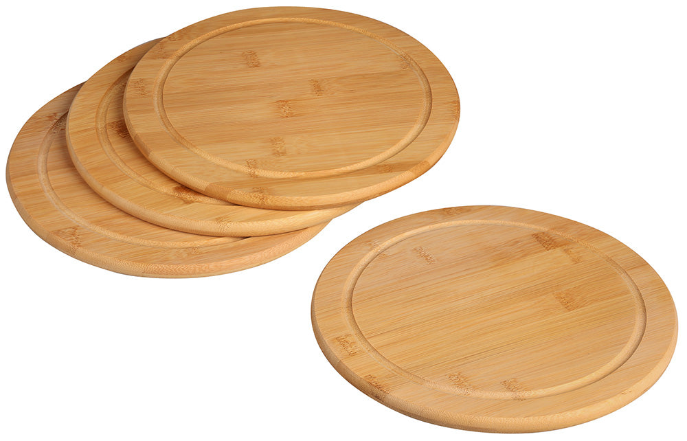 Bambus Servierteller mit Saftrille (4er Set) - Ø 25 x 1,3 cm Helles Naturholz