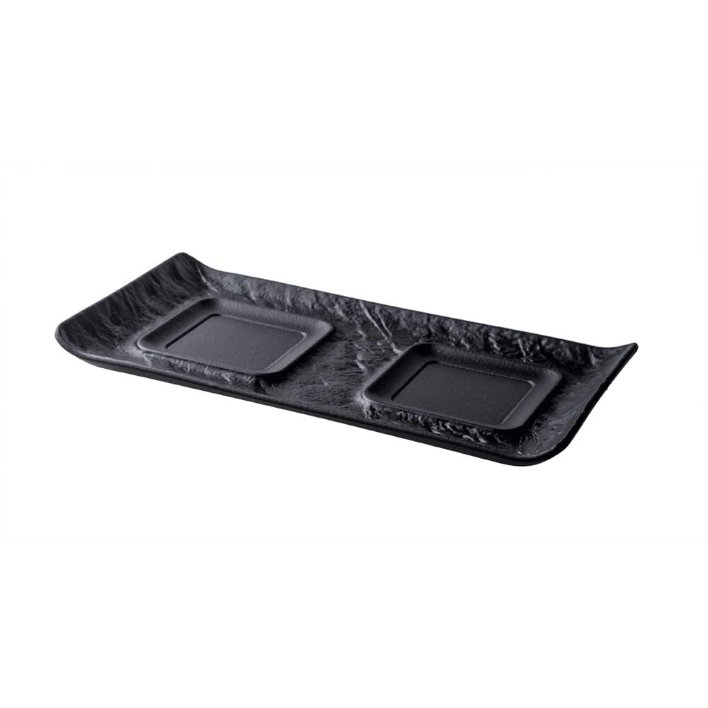 YUNA Platte rechteckig 27 x 14 cm mit 2 Ausspaarungen 8 x 8 cm - Schwarz