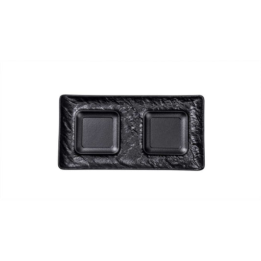 YUNA Platte rechteckig 27 x 14 cm mit 2 Ausspaarungen 8 x 8 cm - Schwarz