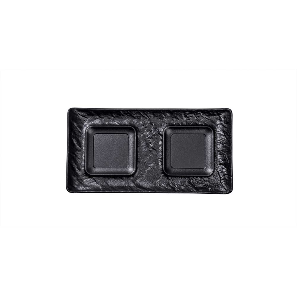 YUNA Platte rechteckig 27 x 14 cm mit 2 Ausspaarungen 8 x 8 cm - Schwarz