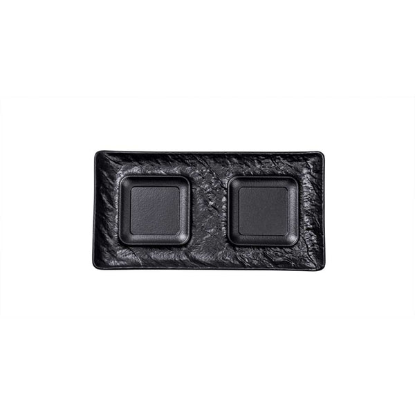 YUNA Platte rechteckig 27 x 14 cm mit 2 Ausspaarungen 8 x 8 cm - Schwarz