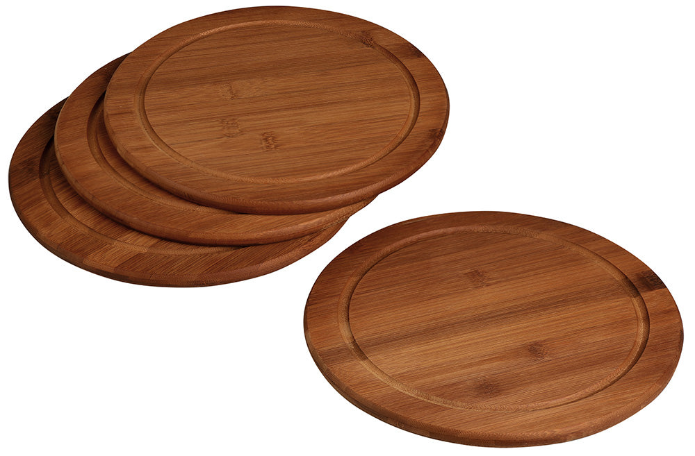 Bambus Servierteller mit Saftrille  (4er Set) - Ø 26 x 1,3 cm  Dunkles  Naturholz