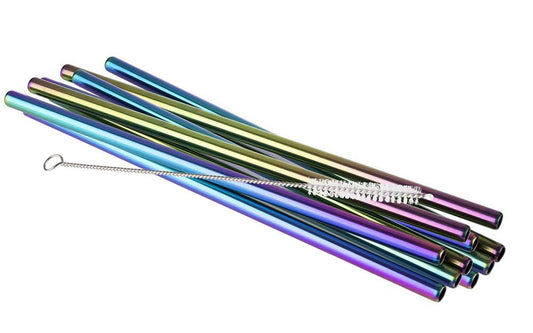 Trinkhalme Ø 0,8 x 21,5 cm - CNS 18/8 mit Regenbogen-Look (10 Trinkhalme + Reinigungsbürste)