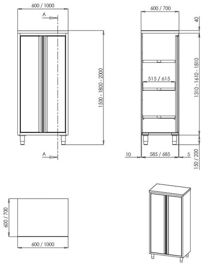 Profiline Hochschrank 800x600 mit Flügeltür - Edelstahl