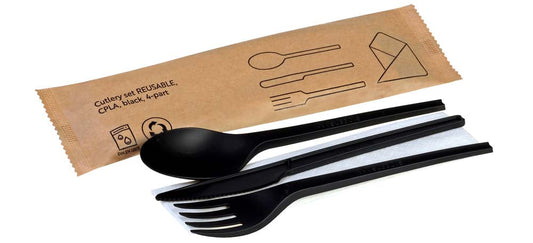 REUSABLE Set Messer/Gabel/Löffel/Serviette - CPLA - Schwarz (250 Stück)
